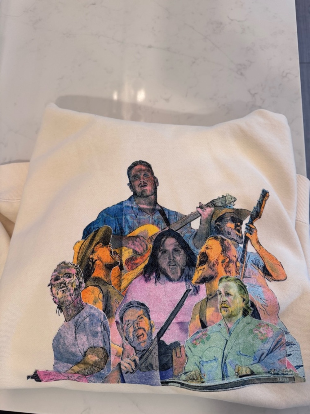 Zach Bryan Concert: Graphic Band Collage Pullover - White with Multicolor Print